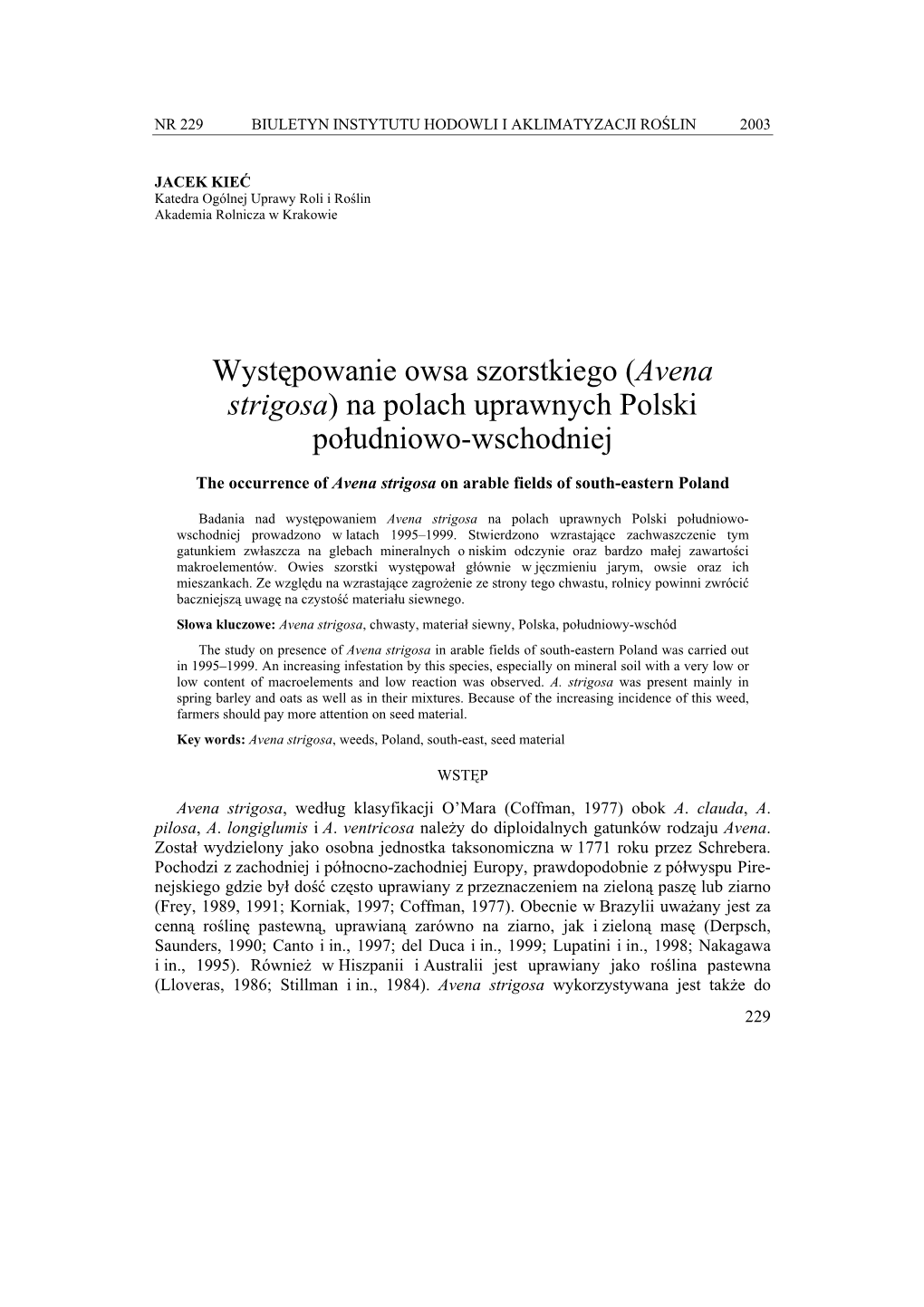 (Avena Strigosa) Na Polach Uprawnych Polski Południowo-Wschodniej