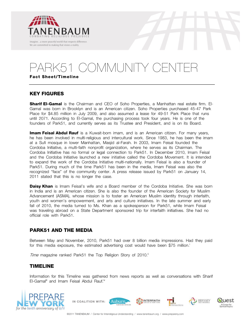 PARK51 COMMUNITY CENTER Fact Sheet/Timeline