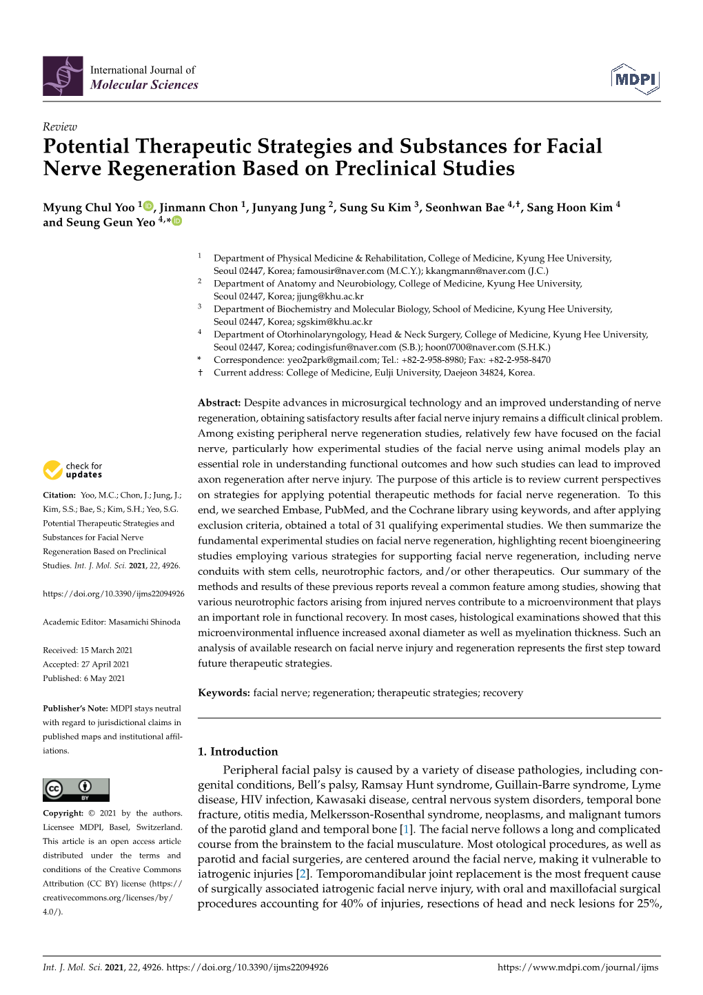 Potential Therapeutic Strategies and Substances for Facial Nerve Regeneration Based on Preclinical Studies