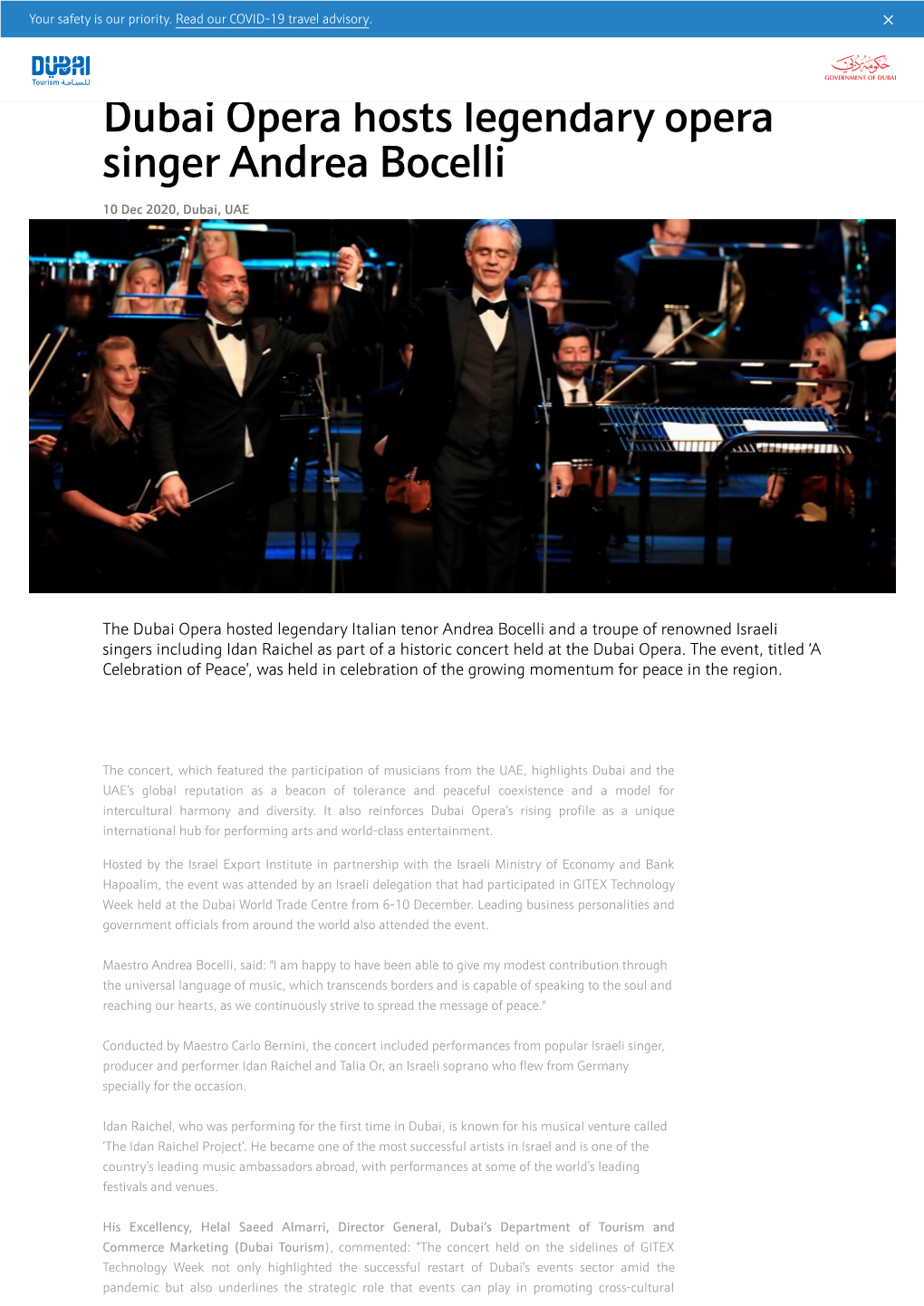 Dubai Opera Hosts Legendary Opera Singer Andrea Bocelli 10 Dec 2020, Dubai, UAE