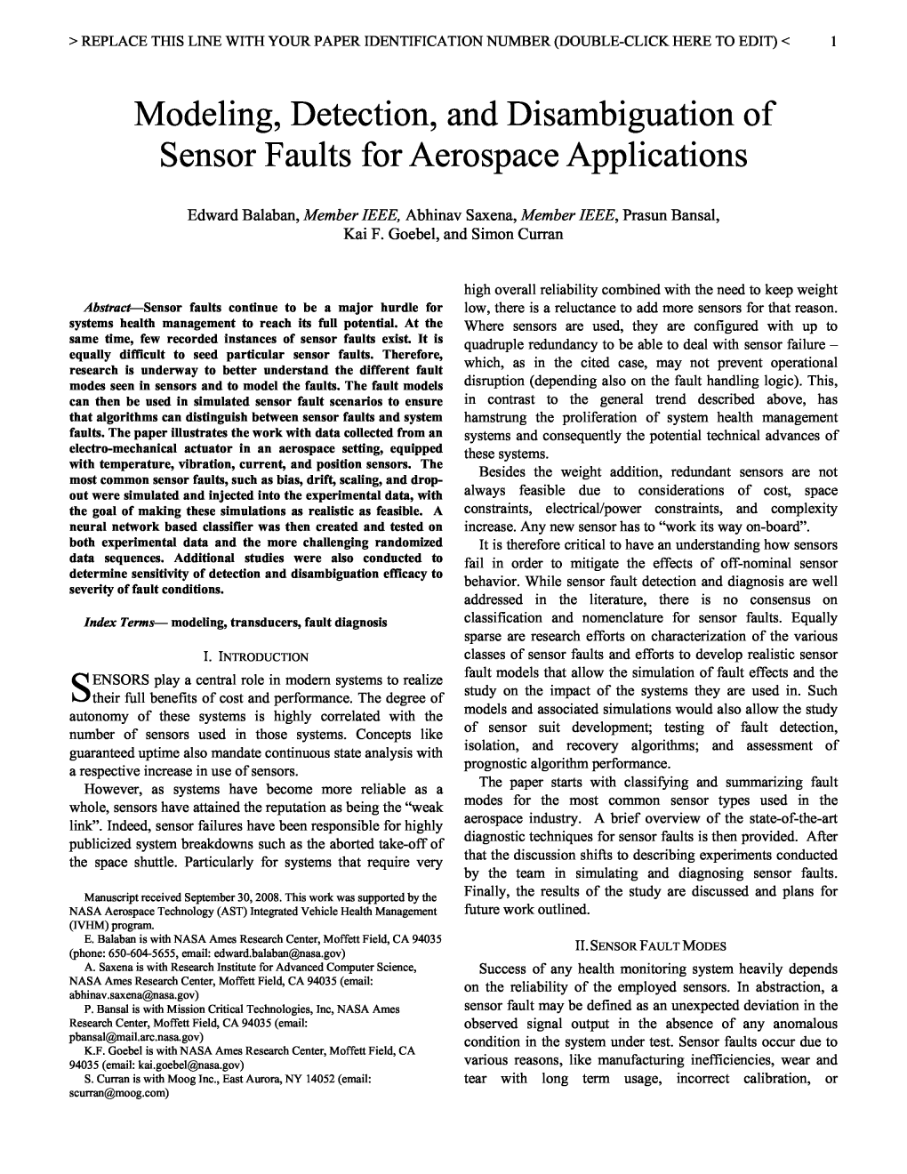 Modeling, Detection, and Disambiguation of Sensor Faults for Aerospace Applications