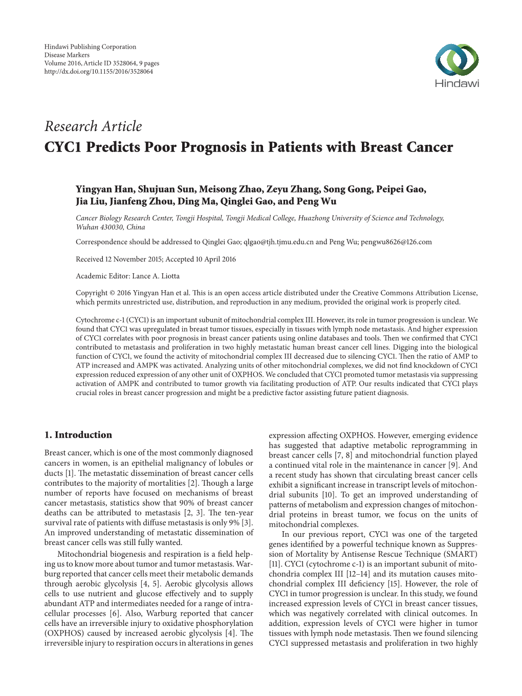 CYC1 Predicts Poor Prognosis in Patients with Breast Cancer