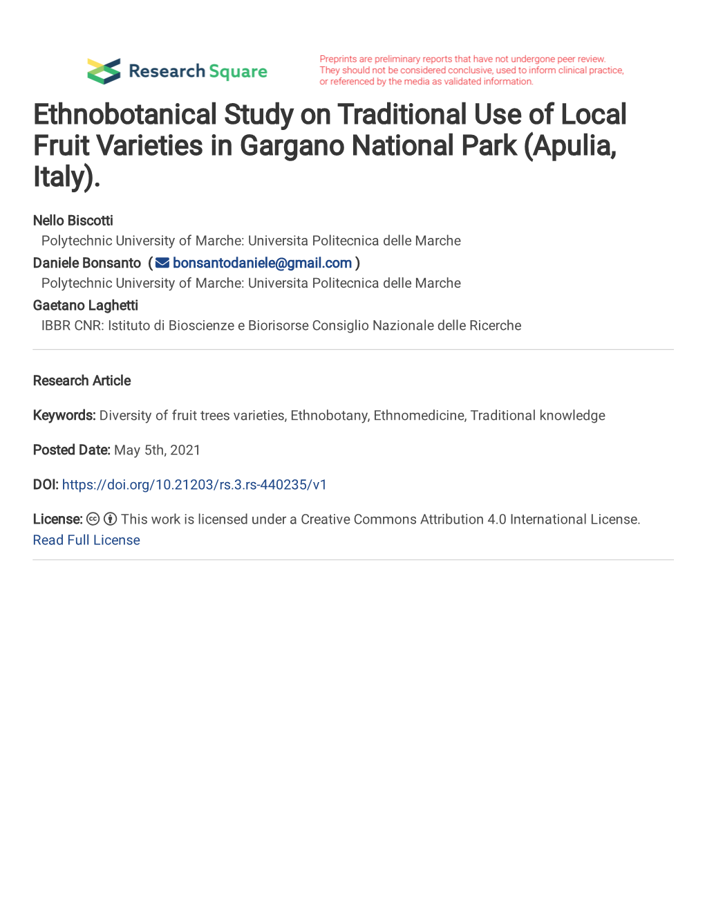 Ethnobotanical Study on Traditional Use of Local Fruit Varieties in Gargano National Park (Apulia, Italy)