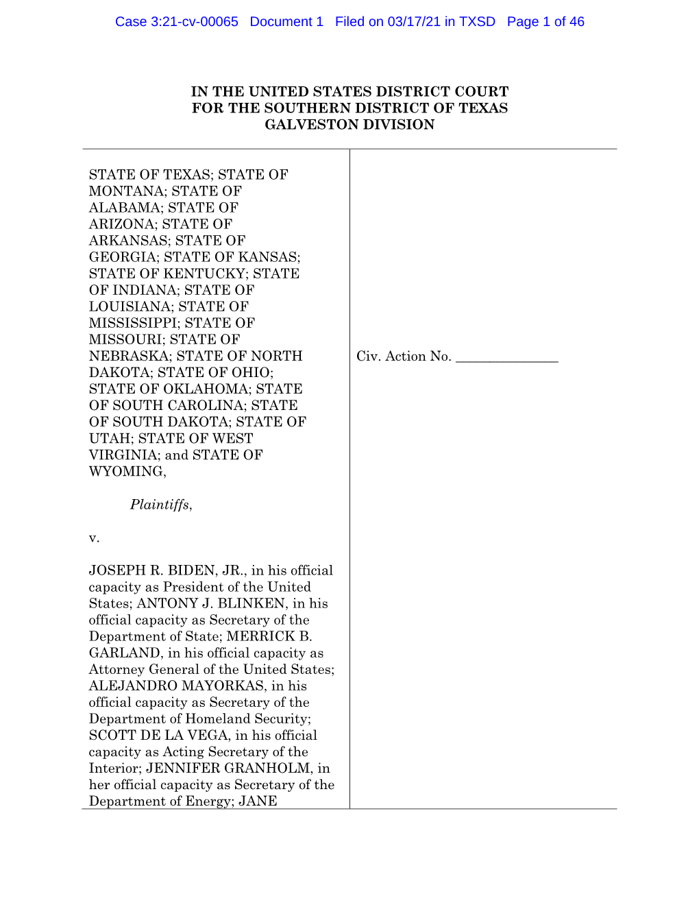 Case 3:21-Cv-00065 Document 1 Filed on 03/17/21 in TXSD Page 1 of 46