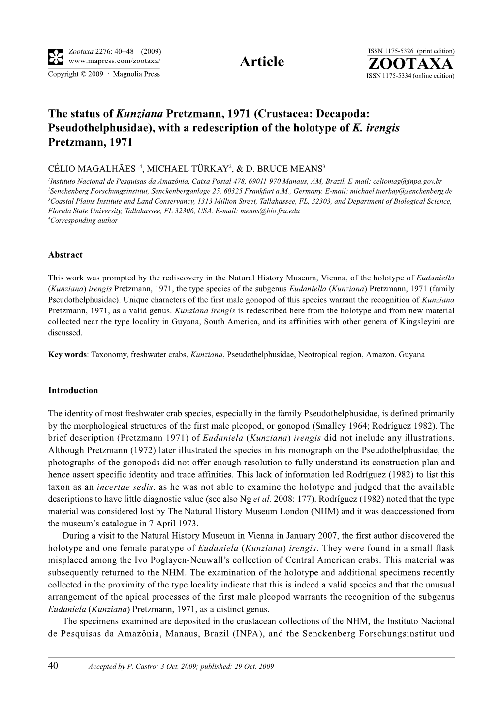 Zootaxa, the Status of Kunziana Pretzmann, 1971 (Crustacea