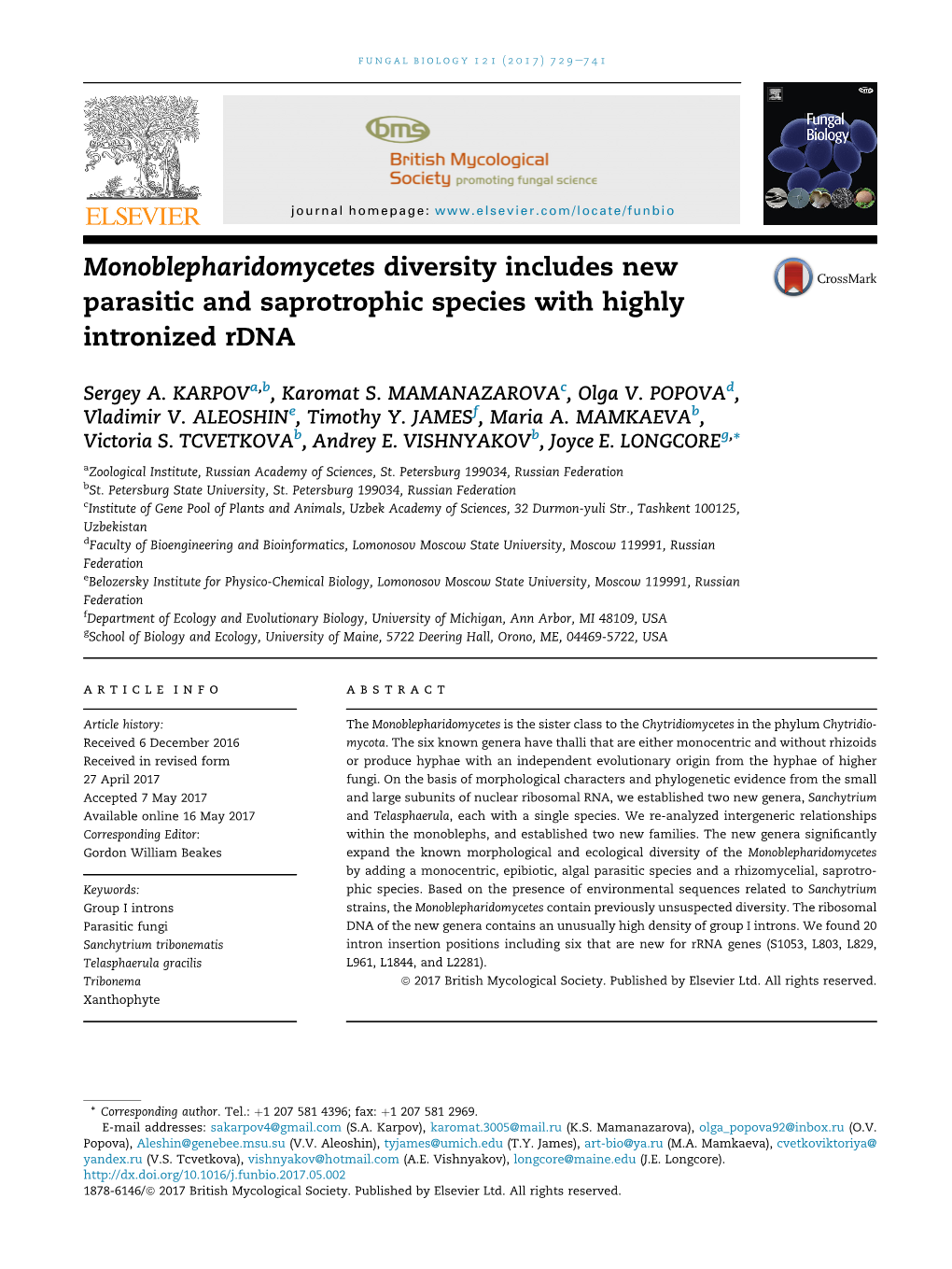 Monoblepharidomycetes Diversity Includes New Parasitic and Saprotrophic Species with Highly Intronized Rdna