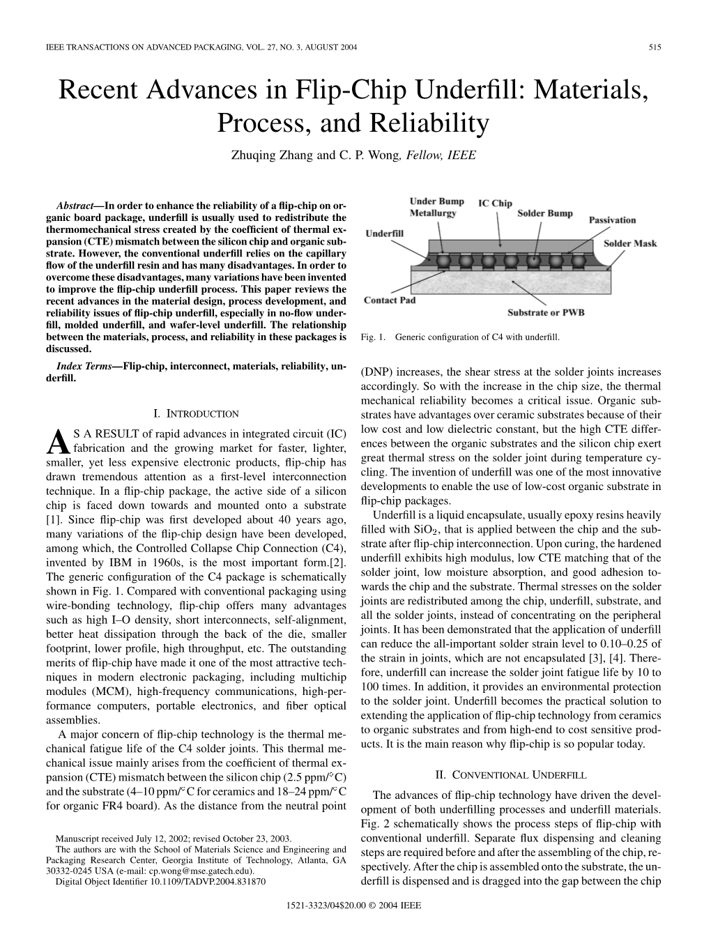 Recent Advances in Flip-Chip Underfill: Materials, Process, and Reliability 517