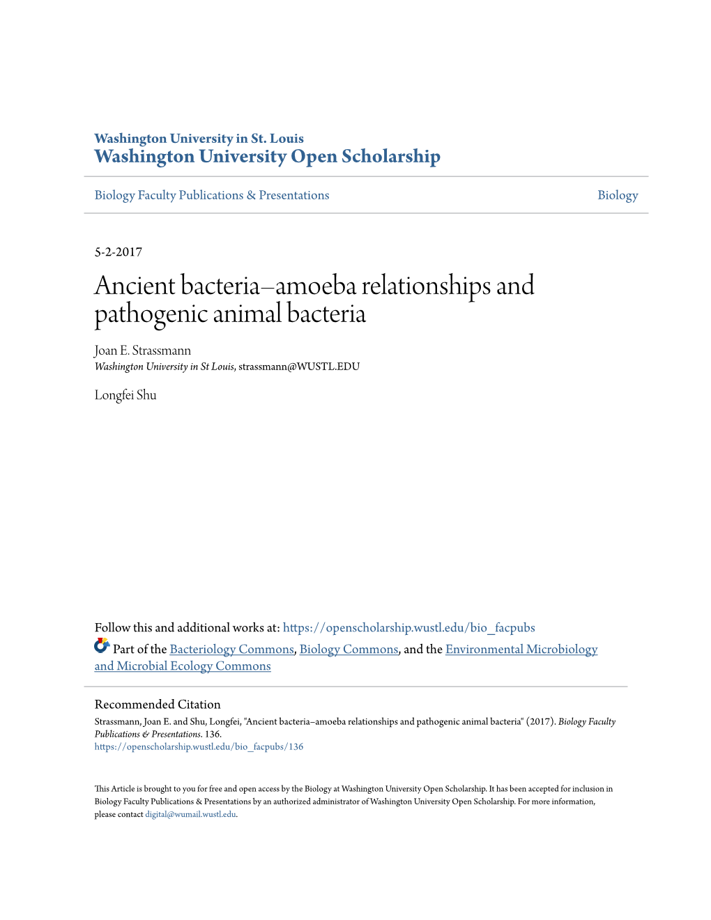 Ancient Bacteria–Amoeba Relationships and Pathogenic Animal Bacteria Joan E