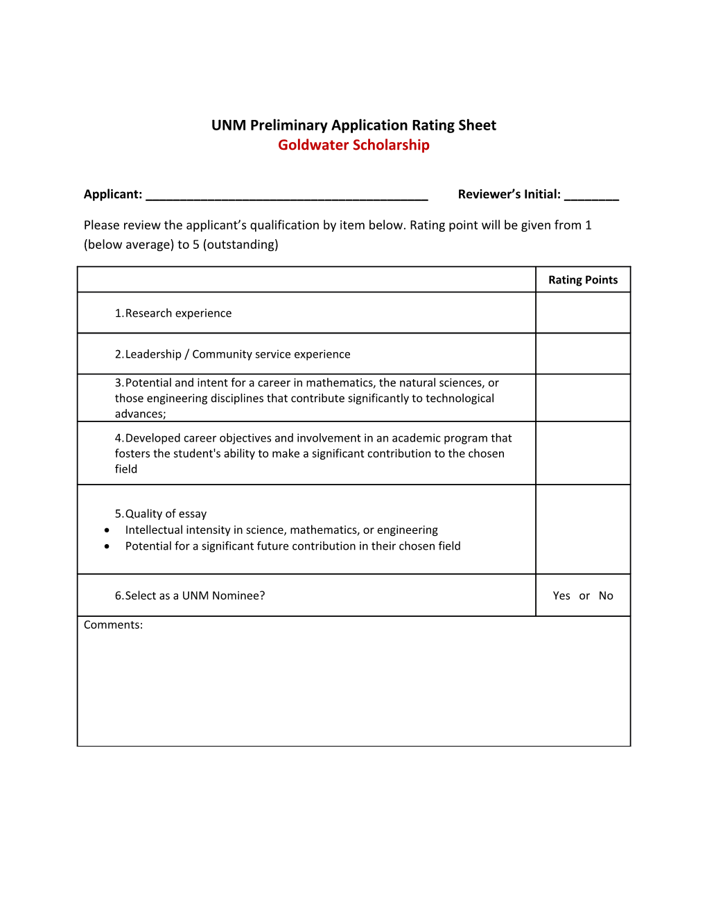 UNM Preliminary Application Rating Sheet