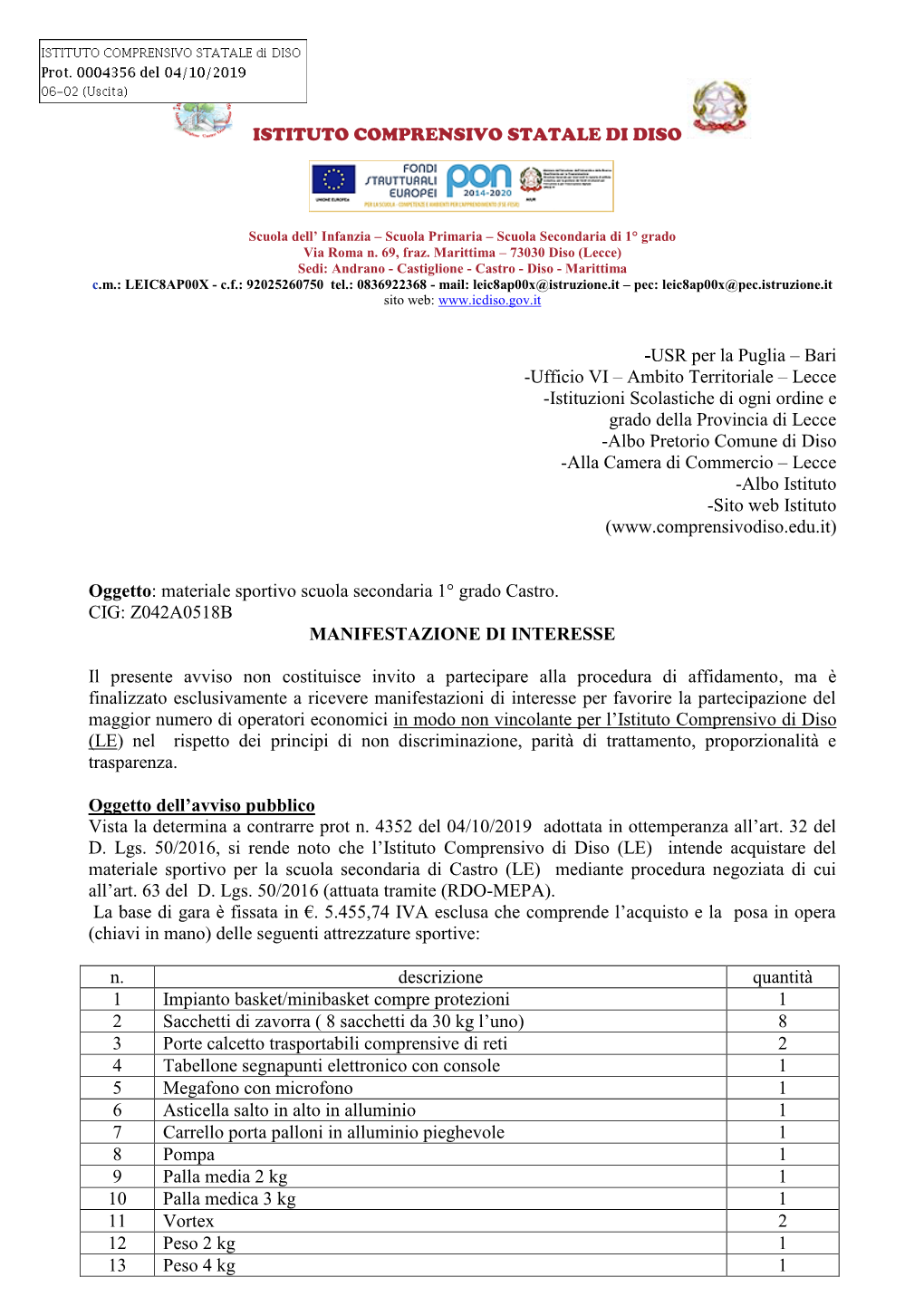 ISTITUTO COMPRENSIVO STATALE DI DISO -USR Per La Puglia – Bari -Ufficio VI – Ambito Territoriale – Lecce -Istituzioni Scol