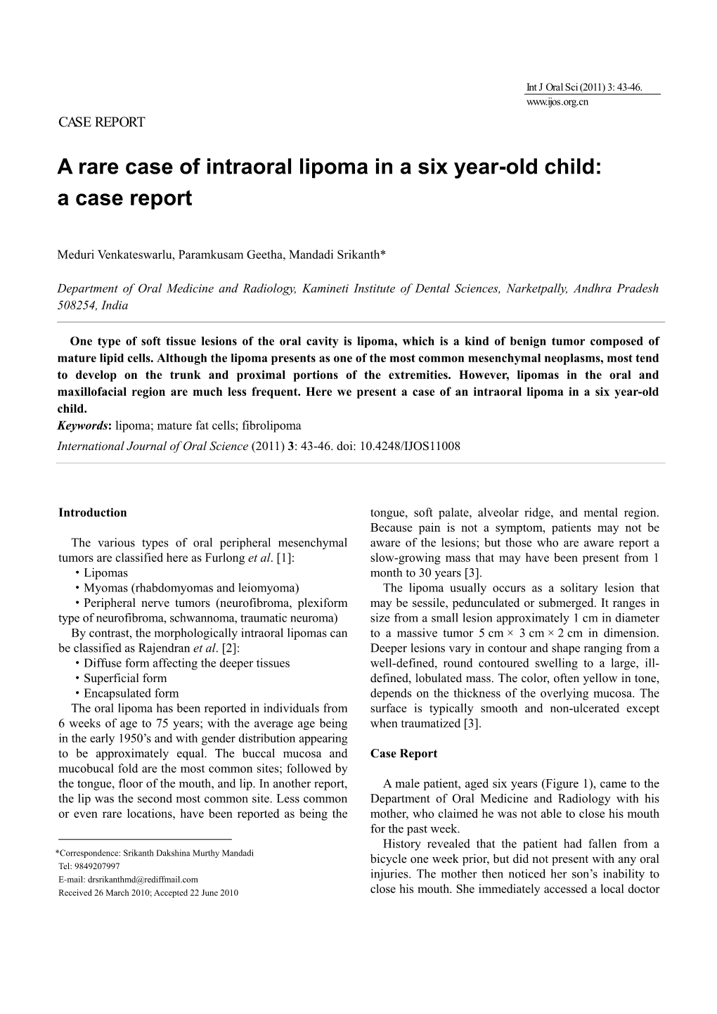 A Rare Case of Intraoral Lipoma in a Six Year-Old Child: a Case Report