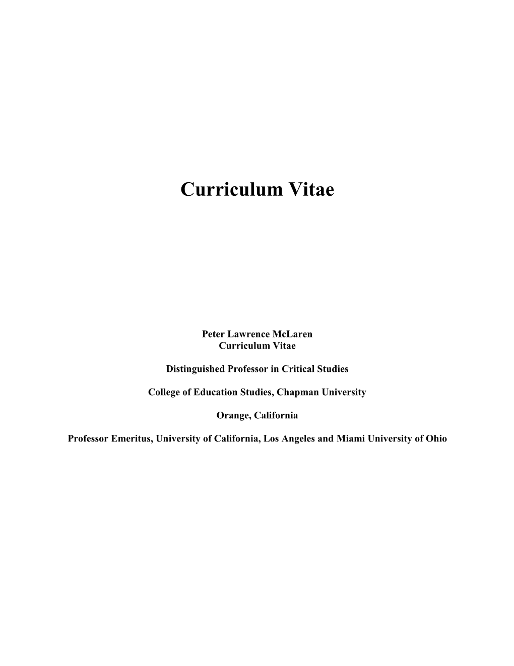 Peter Lawrence Mclaren Curriculum Vitae