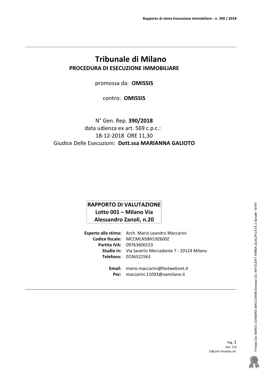 Tribunale Di Milano PROCEDURA DI ESECUZIONE IMMOBILIARE