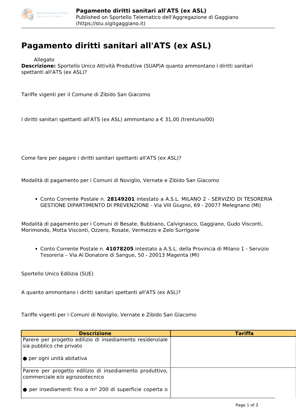 Pagamento Diritti Sanitari All'ats (Ex ASL) Published on Sportello Telematico Dell'aggregazione Di Gaggiano (