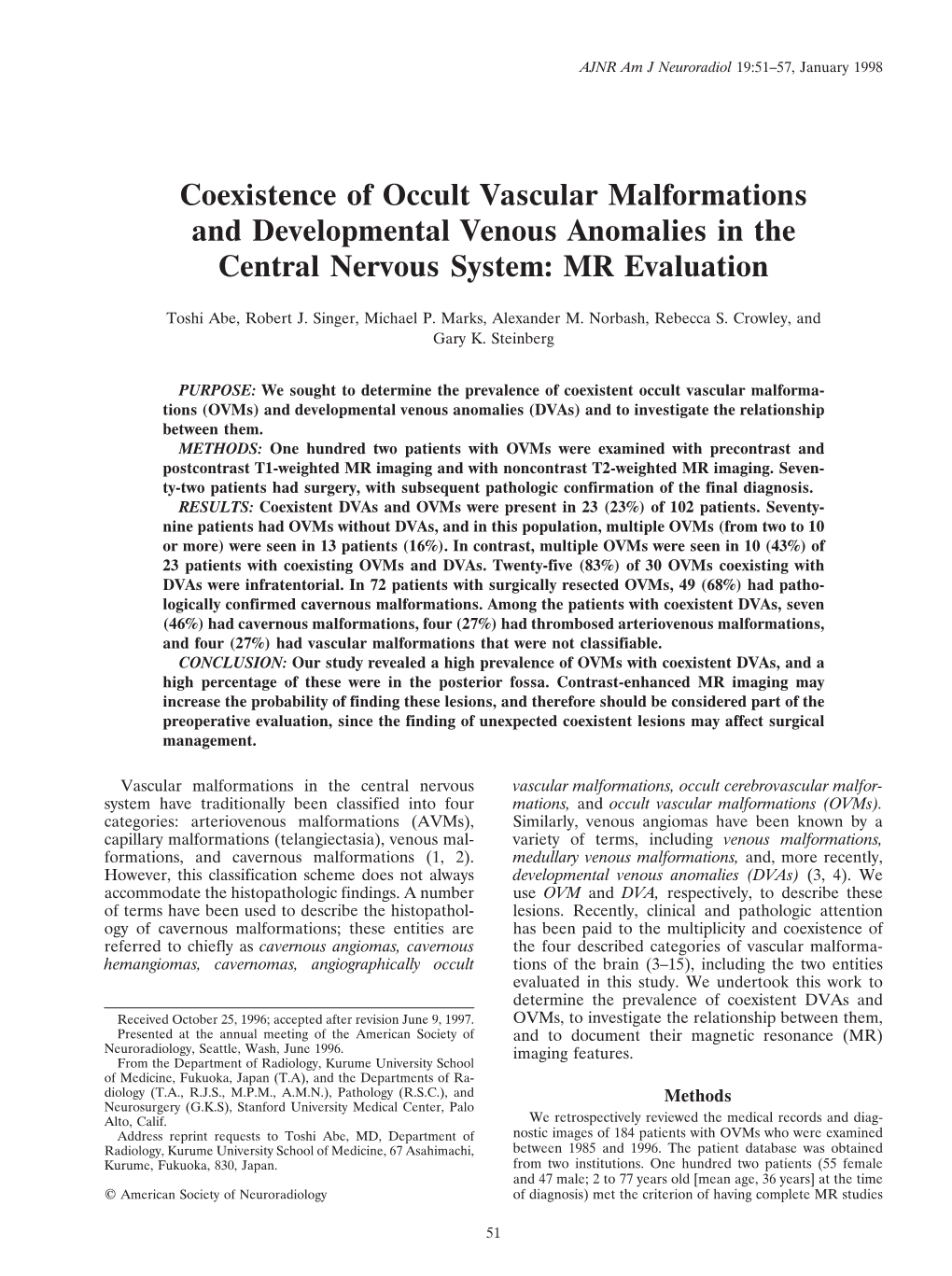 Coexistence of Occult Vascular Malformations and Developmental Venous Anomalies in the Central Nervous System: MR Evaluation