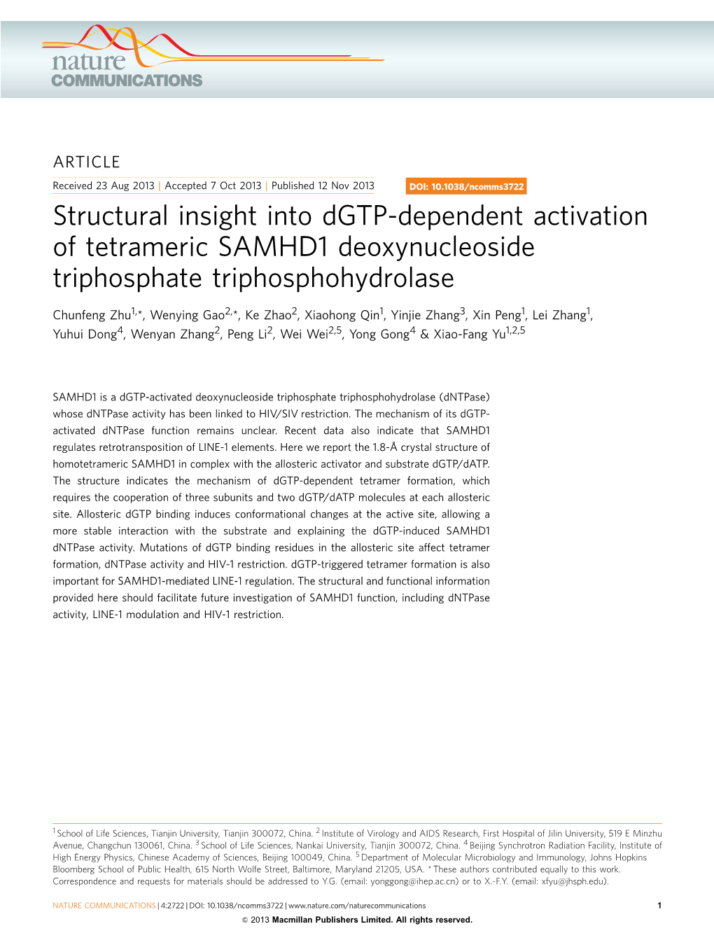 Structural Insight Into Dgtp-Dependent Activation of Tetrameric SAMHD1 Deoxynucleoside Triphosphate Triphosphohydrolase