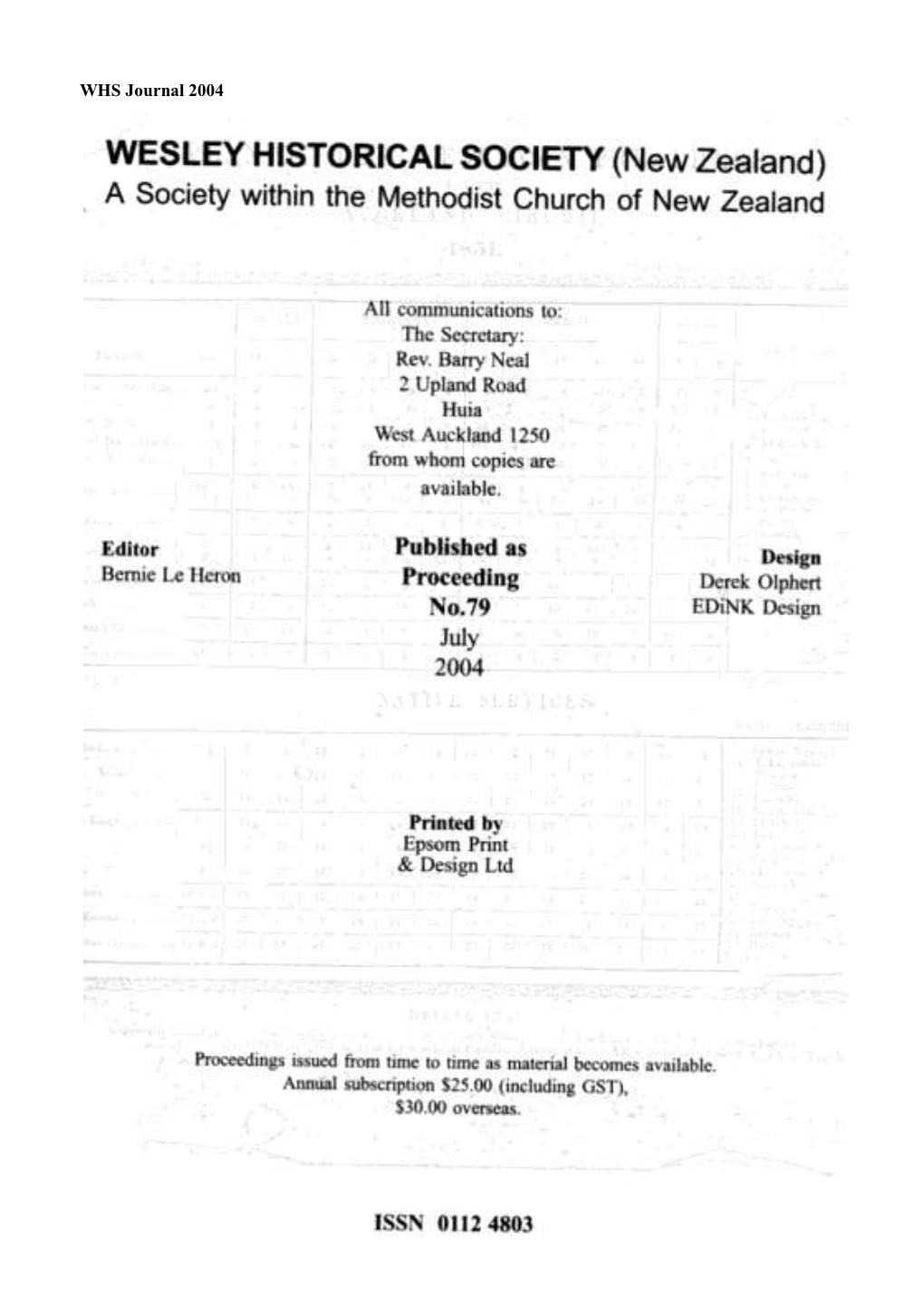 WHS Journal 2004 Wesley Historical Society (NZ)