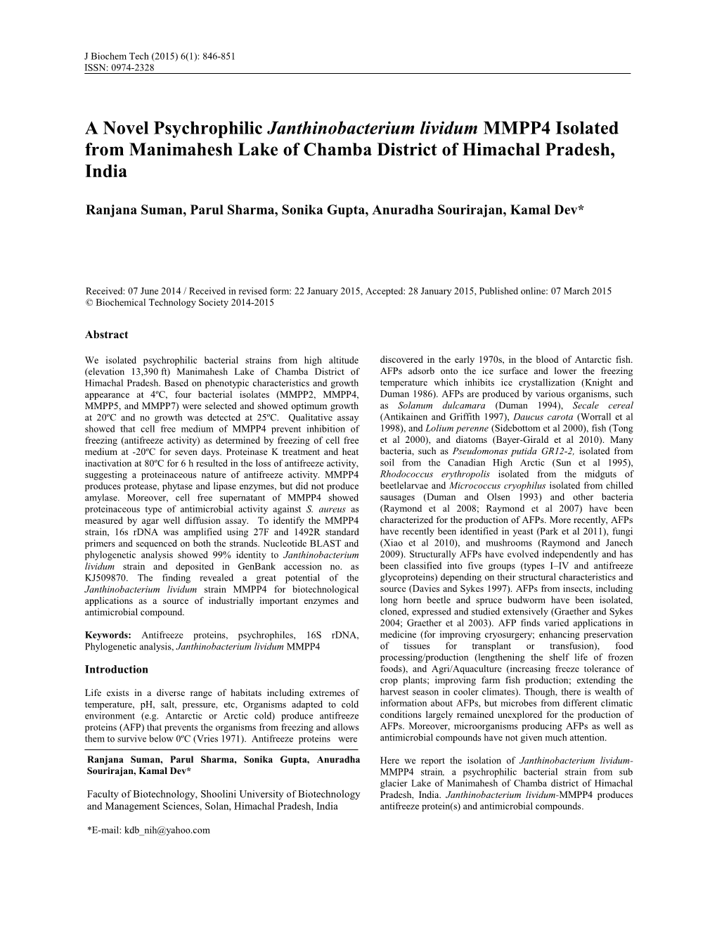 A Novel Psychrophilic Janthinobacterium Lividum MMPP4 Isolated from Manimahesh Lake of Chamba District of Himachal Pradesh, Indi
