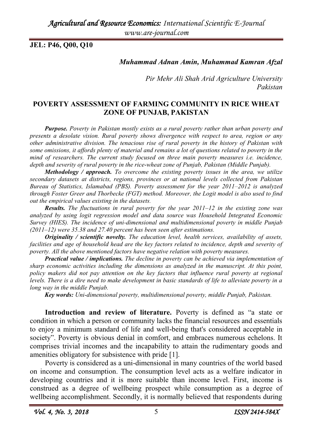 Poverty Assessment of Farming Community in Rice Wheat Zone of Punjab, Pakistan