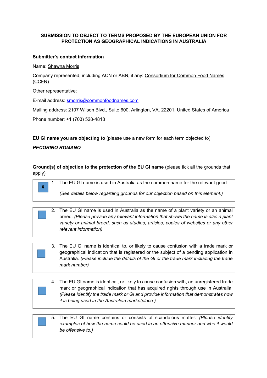 Submission to Object to Terms Proposed by the European Union for Protection As Geographical Indications in Australia