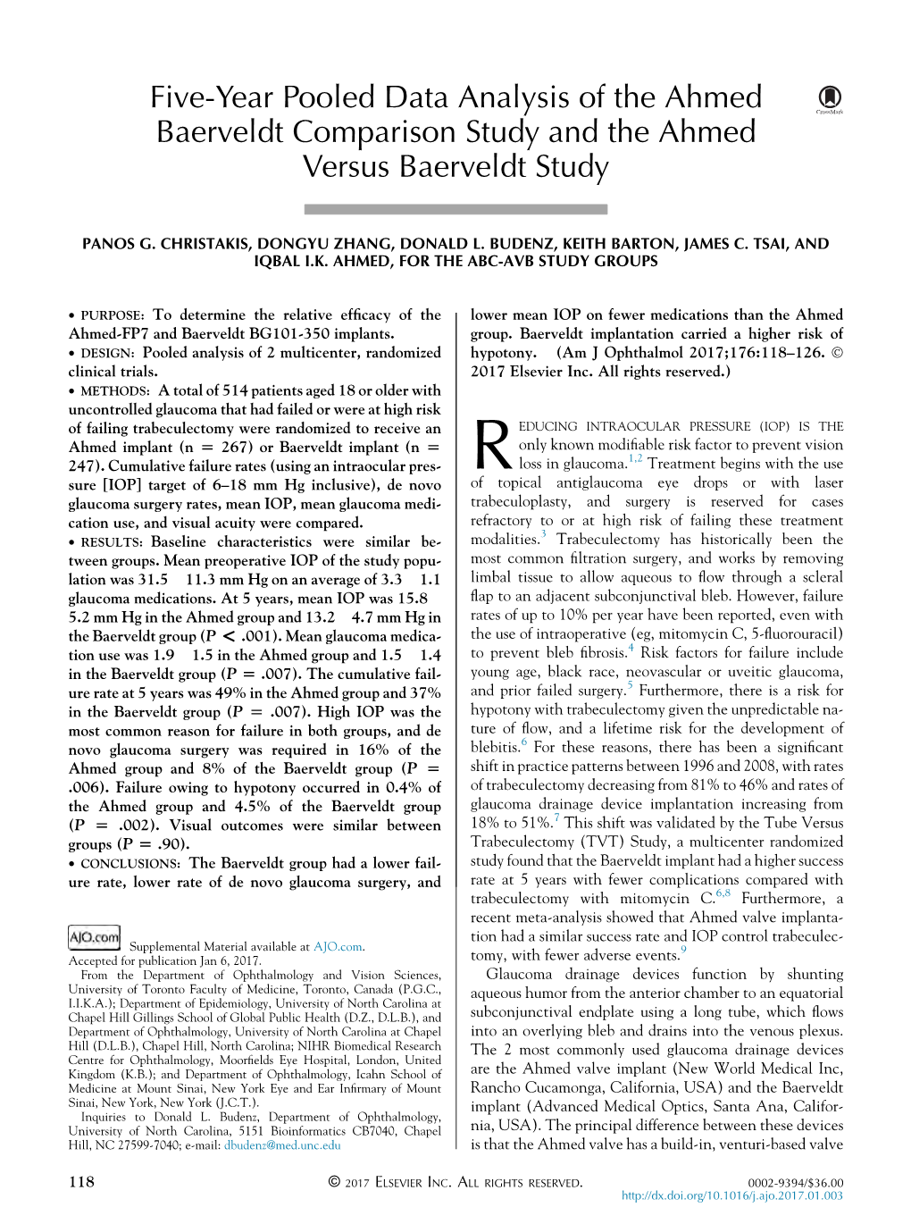 Five-Year Pooled Data Analysis of the Ahmed Baerveldt Comparison Study and the Ahmed Versus Baerveldt Study