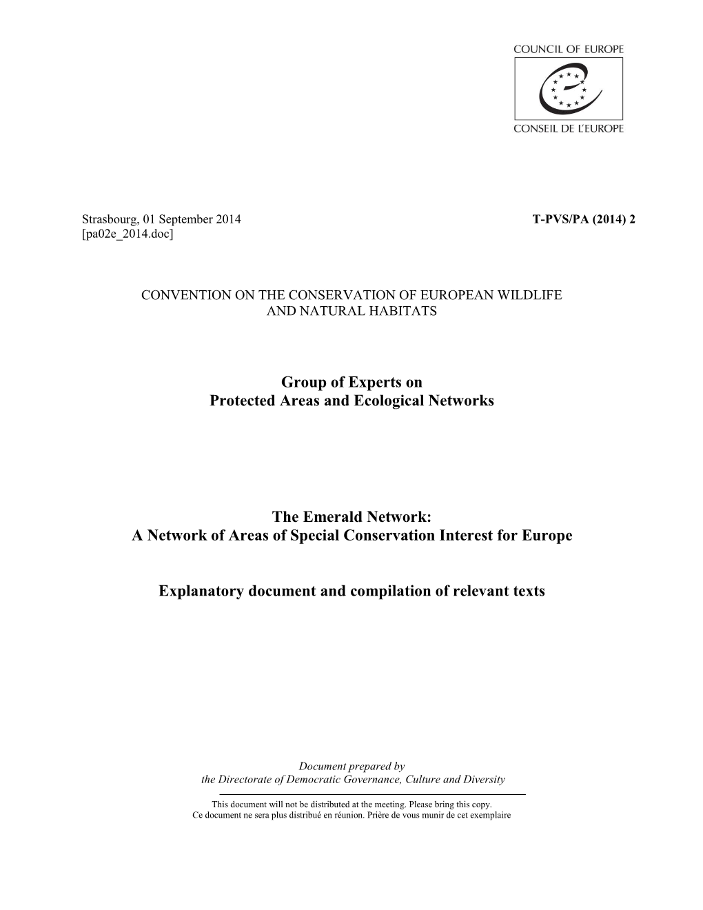 Group of Experts on Protected Areas and Ecological Networks the Emerald Network: a Network of Areas of Special Conservation Inte