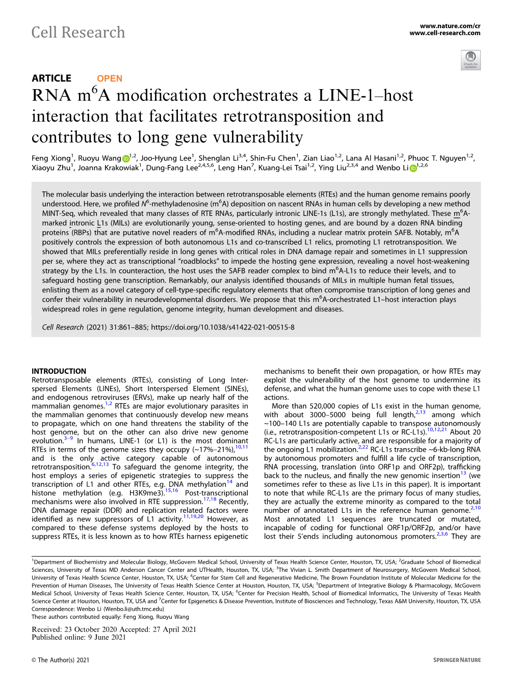 RNA M6a Modification Orchestrates a LINE-1Â