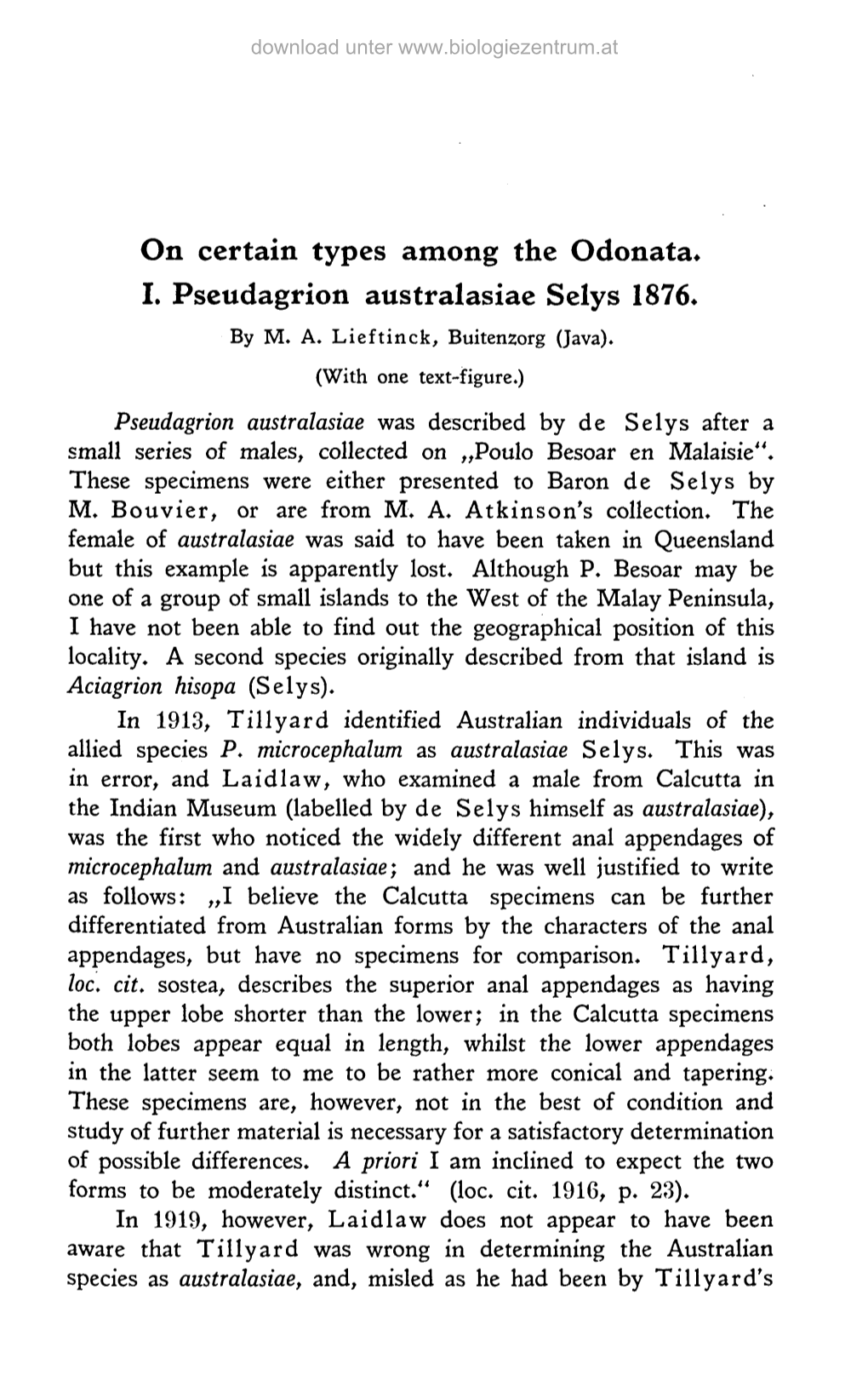 On Certain Types Among the Odonata* I. Pseudagrion Australasiae Selys 1876» by M