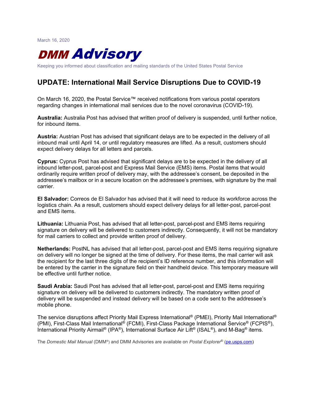 DMM Advisory Keeping You Informed About Classification and Mailing Standards of the United States Postal Service