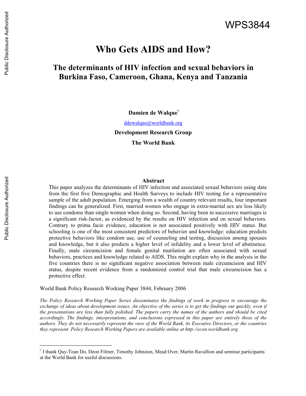 The Determinants of HIV Infection and Sexual Behaviors in Public Disclosure Authorized Burkina Faso, Cameroon, Ghana, Kenya and Tanzania