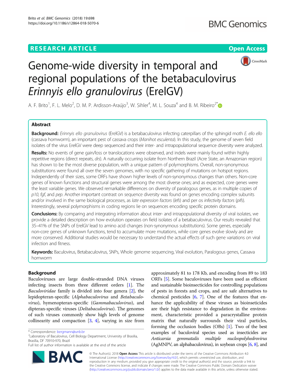 Genome-Wide Diversity in Temporal and Regional Populations of the Betabaculovirus Erinnyis Ello Granulovirus (Erelgv) A