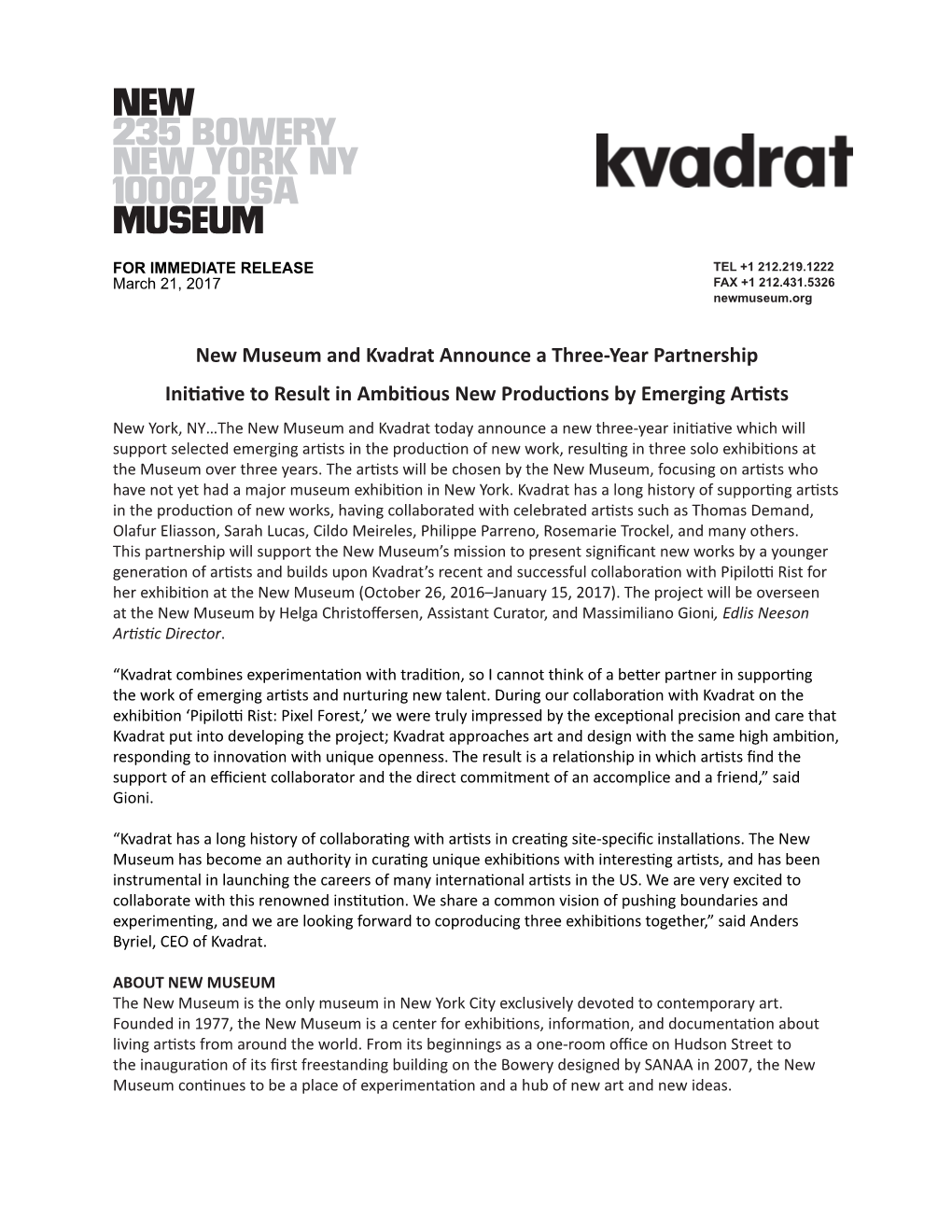 New Museum and Kvadrat Announce a Three-Year Partnership Initiative