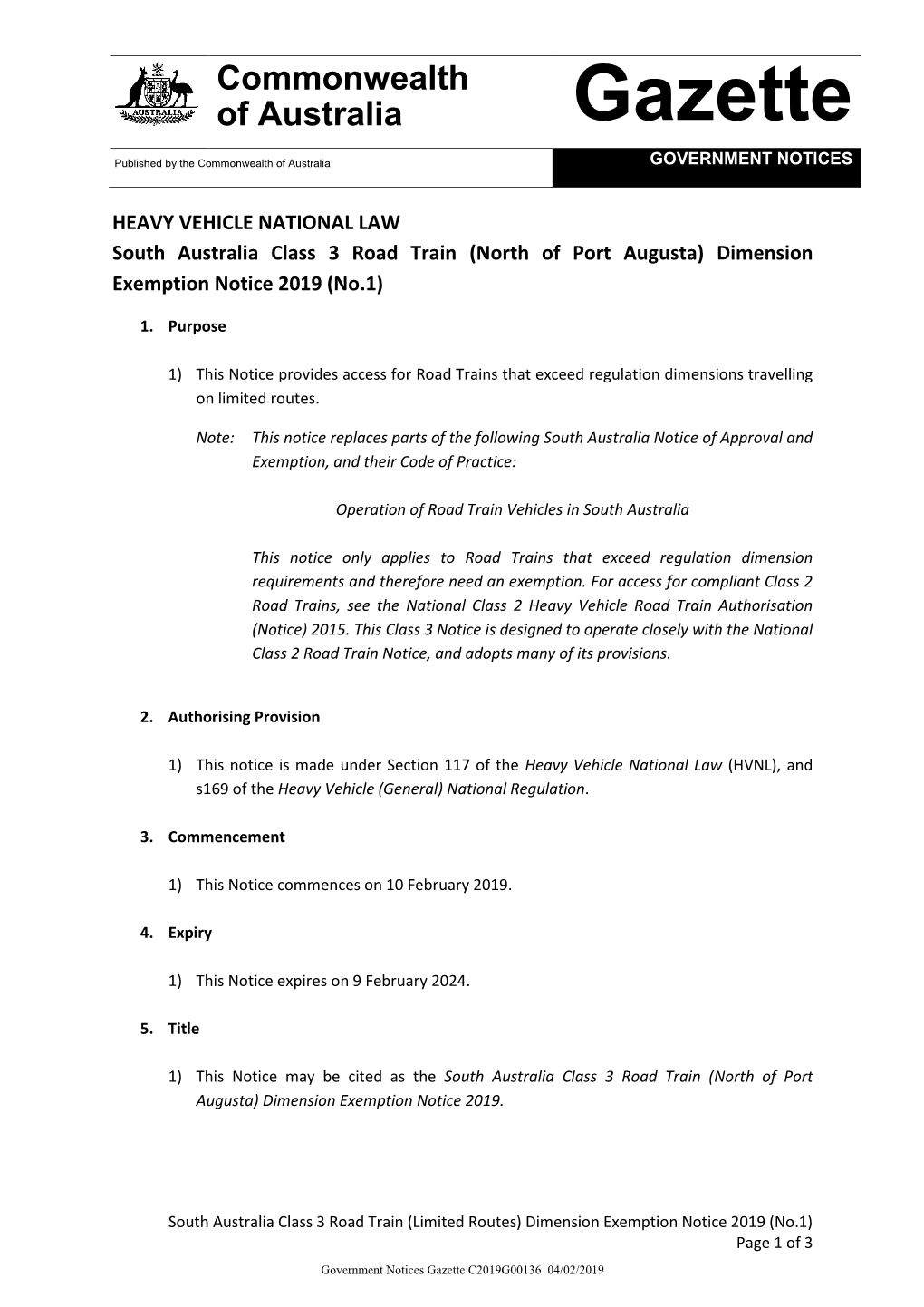 South Australia Class 3 Road Train (North of Port Augusta) Dimension Exemption Notice 2019 (No.1)