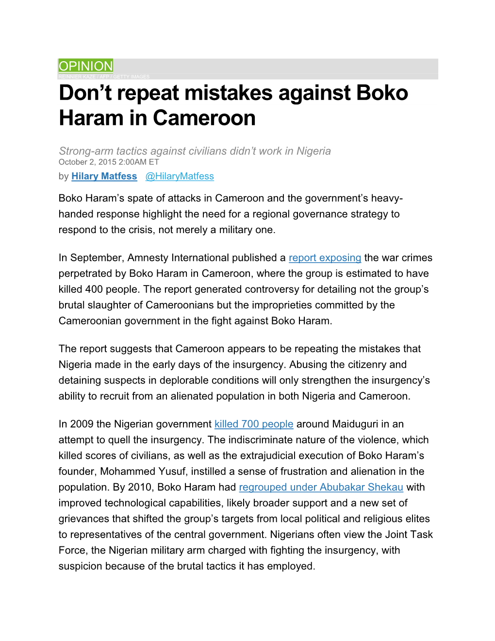 Don't Repeat Mistakes Against Boko Haram in Cameroon