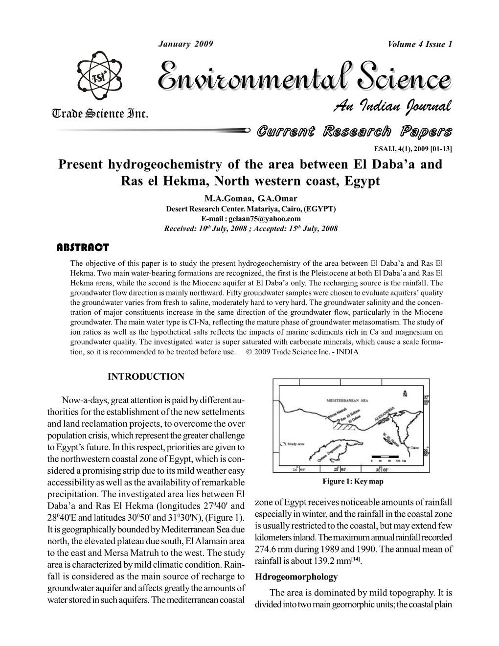 Present Hydrogeochemistry of the Area Between El Daba'a and Ras El