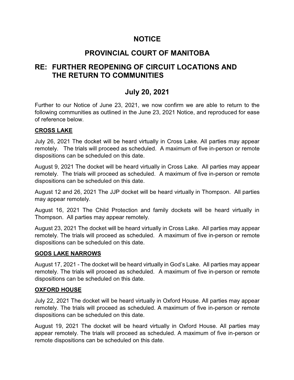 Notice Provincial Court of Manitoba Re: Further Reopening of Circuit Locations and the Return to Communities
