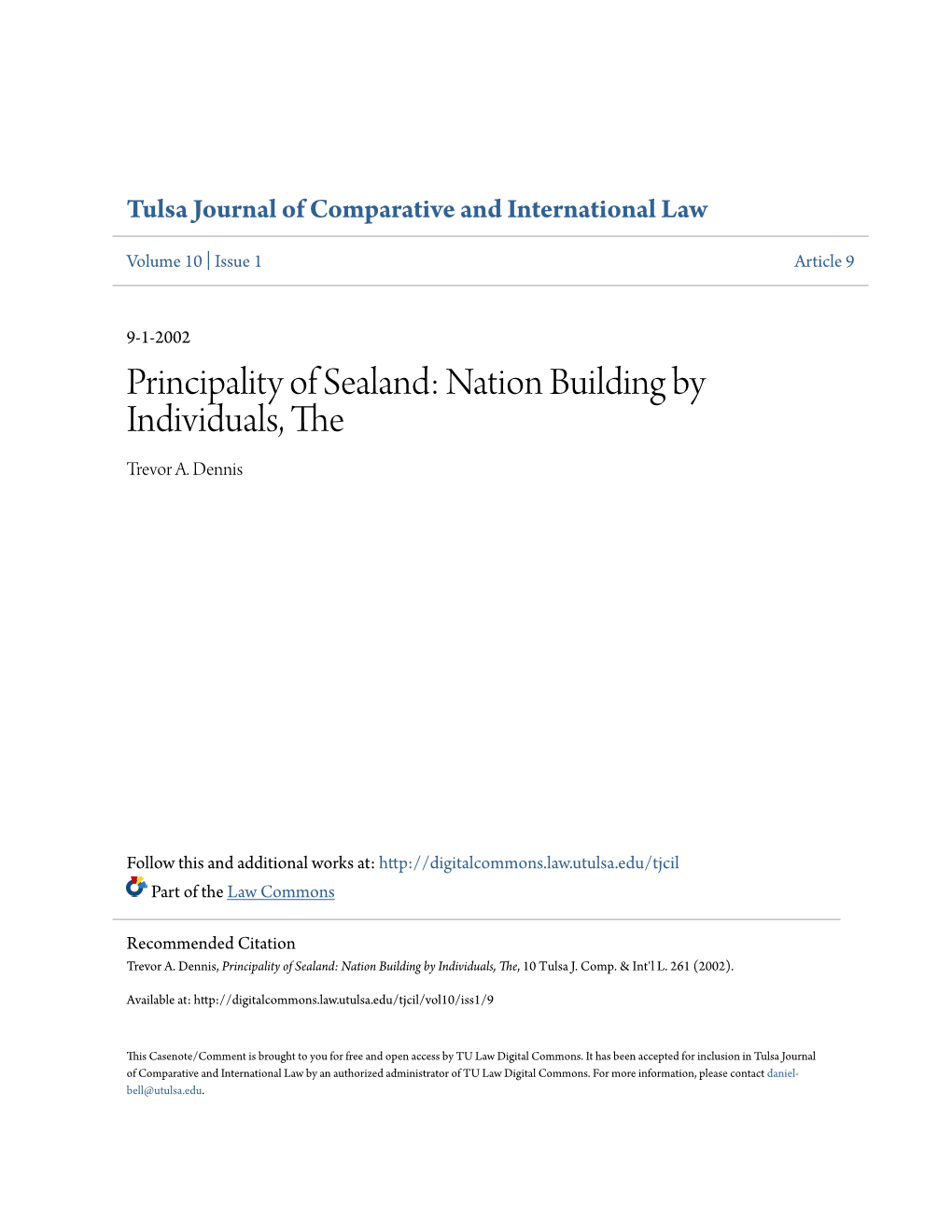 Principality of Sealand: Nation Building by Individuals, the Trevor A