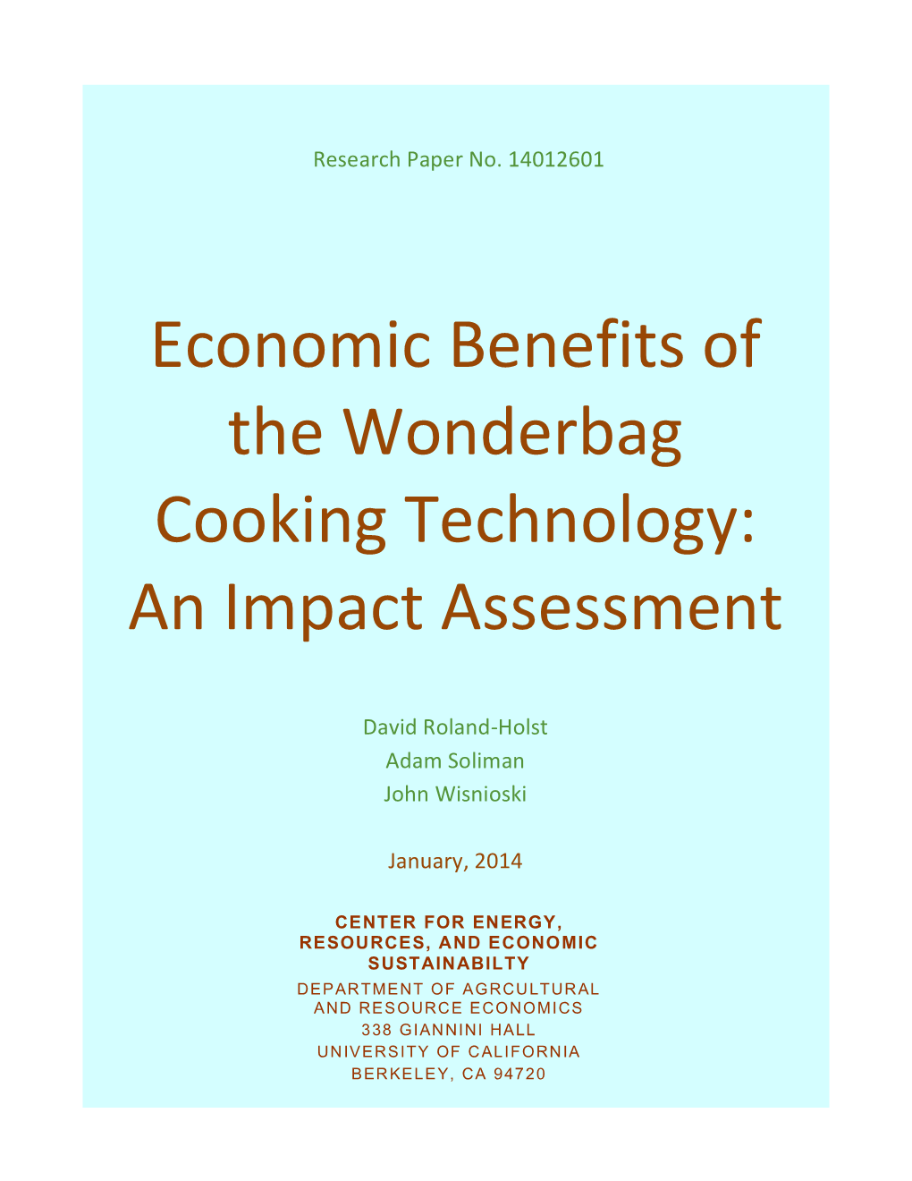 Economic Benefits of the Wonderbag Cooking Technology: an Impact Assessment