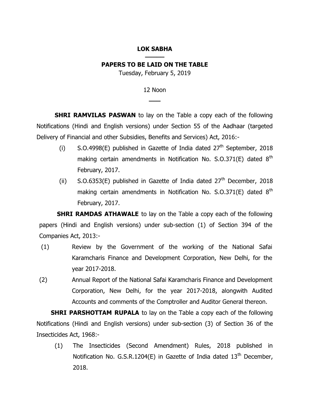 LOK SABHA ___PAPERS to BE LAID on the TABLE Tuesday