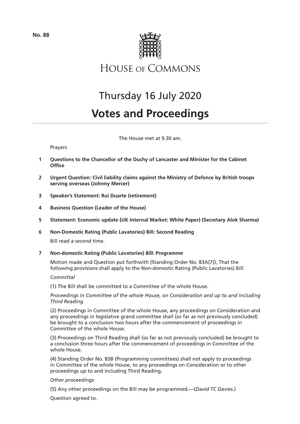 Votes and Proceedings for 16 Jul 2020