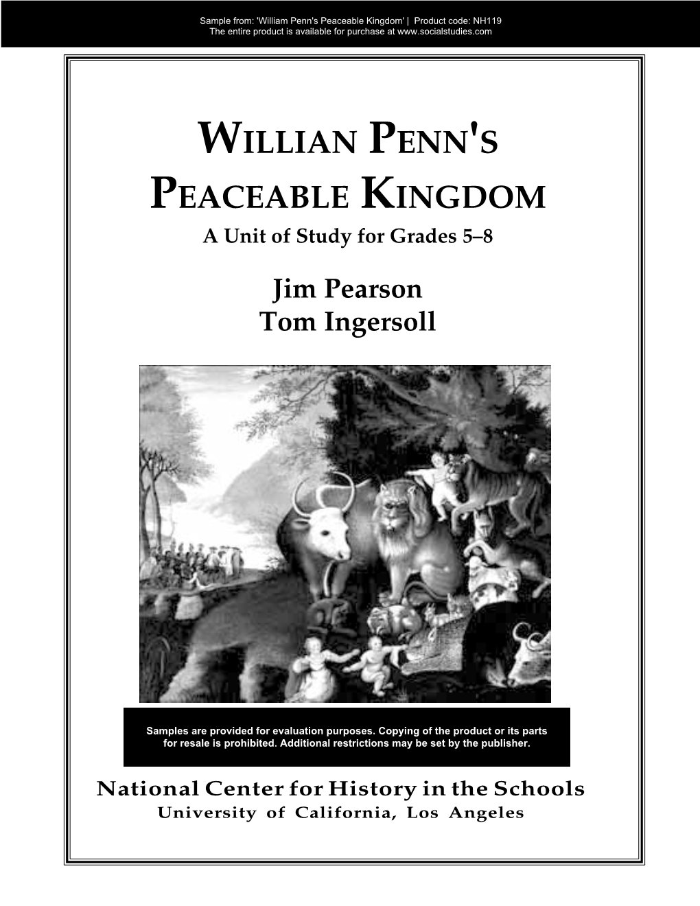 WILLIAN PENN's PEACEABLE KINGDOM a Unit of Study for Grades 5–8