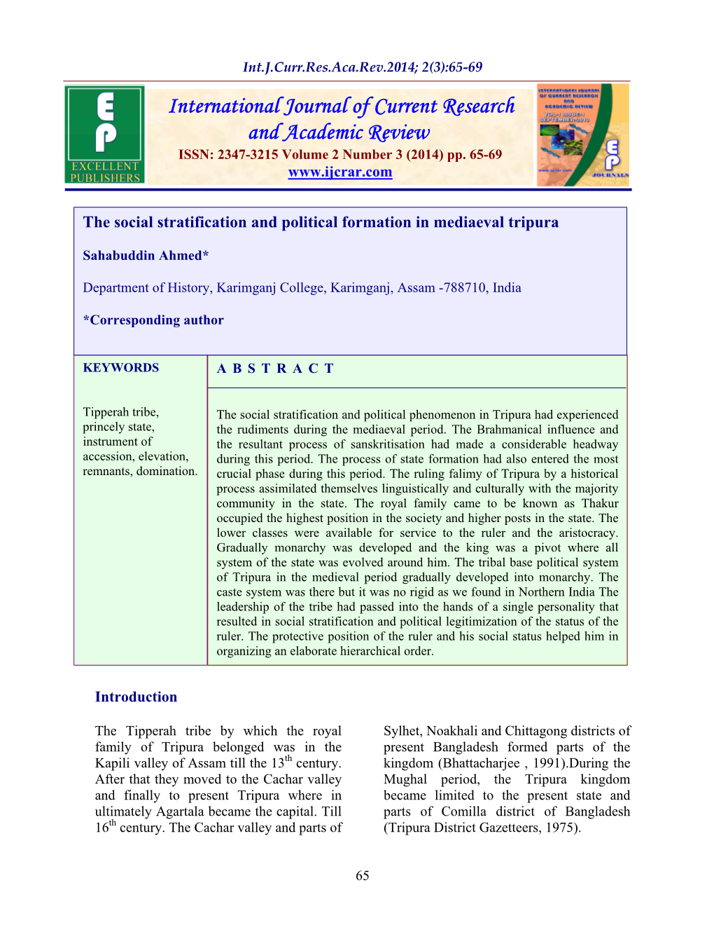 The Social Stratification and Political Formation in Mediaeval Tripura