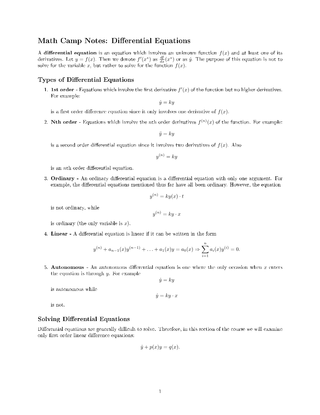 Math Camp Notes: Di Erential Equations