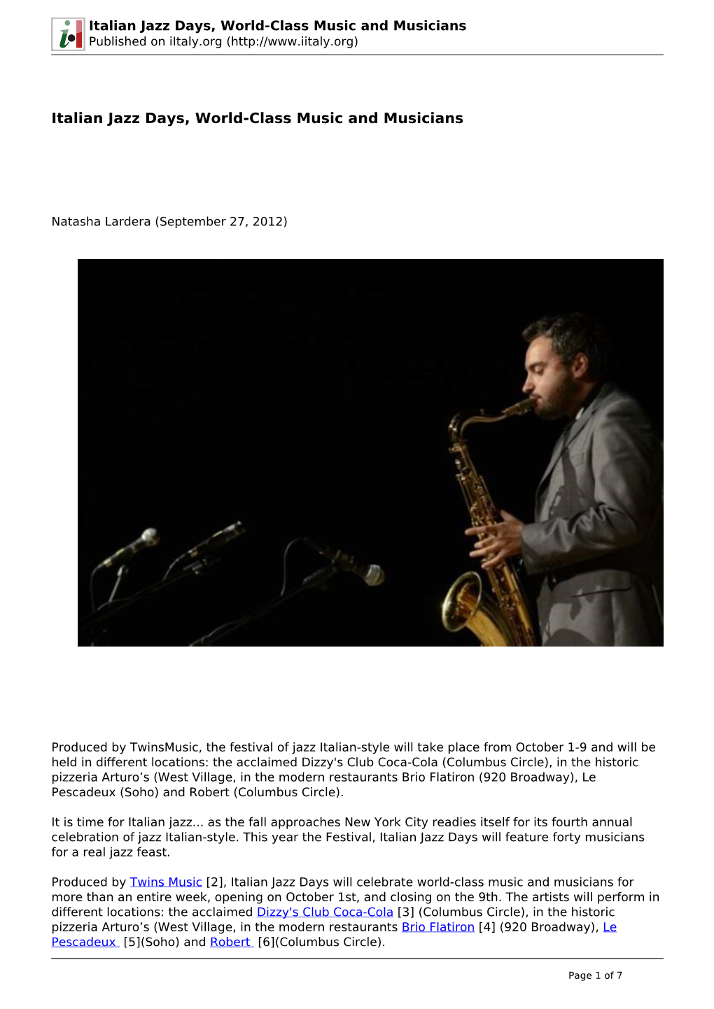 Italian Jazz Days, World-Class Music and Musicians Published on Iitaly.Org (