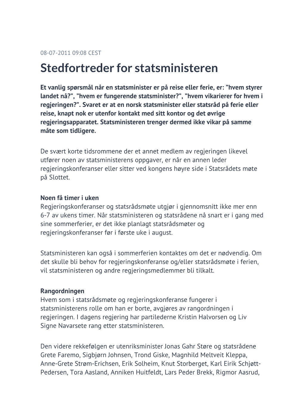 Stedfortreder for Statsministeren