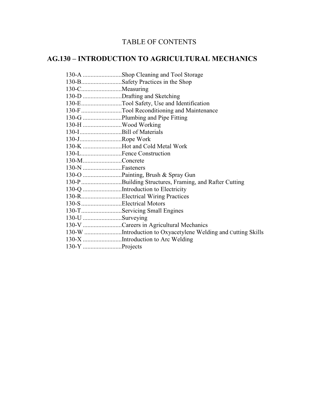 Table of Contents Ag.130 – Introduction to Agricultural Mechanics