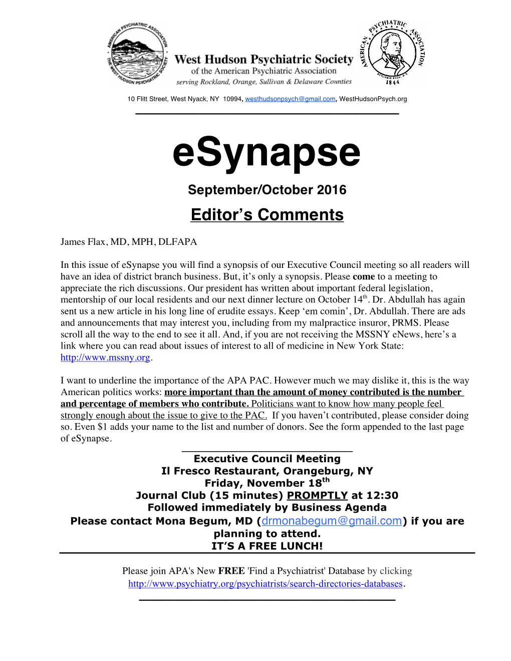 Esynapse September/October 2016 Editor’S Comments