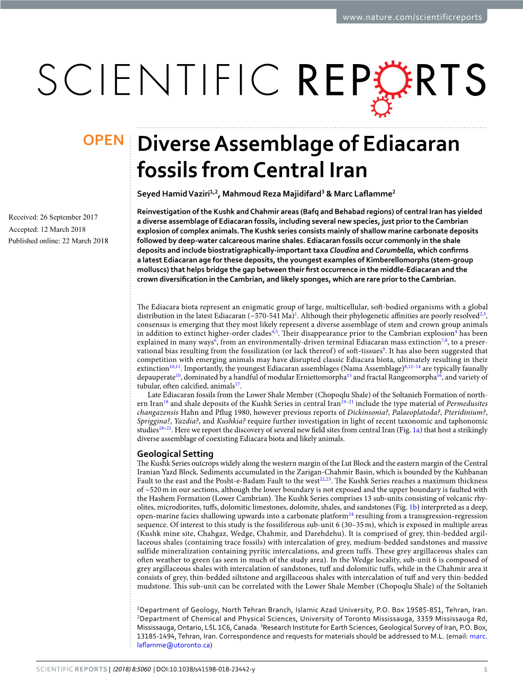 Diverse Assemblage of Ediacaran Fossils from Central Iran Seyed Hamid Vaziri1,2, Mahmoud Reza Majidifard3 & Marc Lafamme2