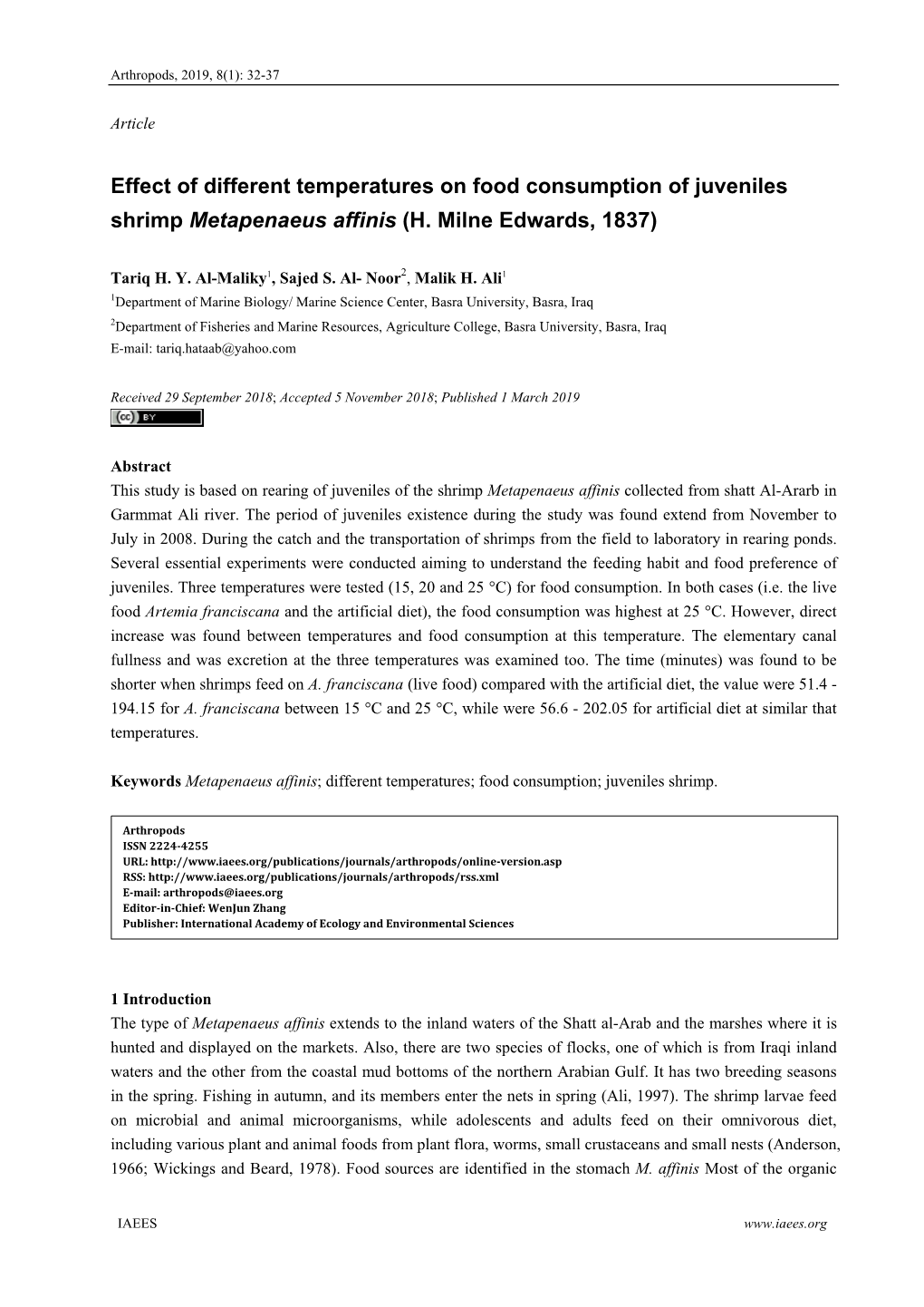 Effect of Different Temperatures on Food Consumption of Juveniles Shrimp Metapenaeus Affinis (H