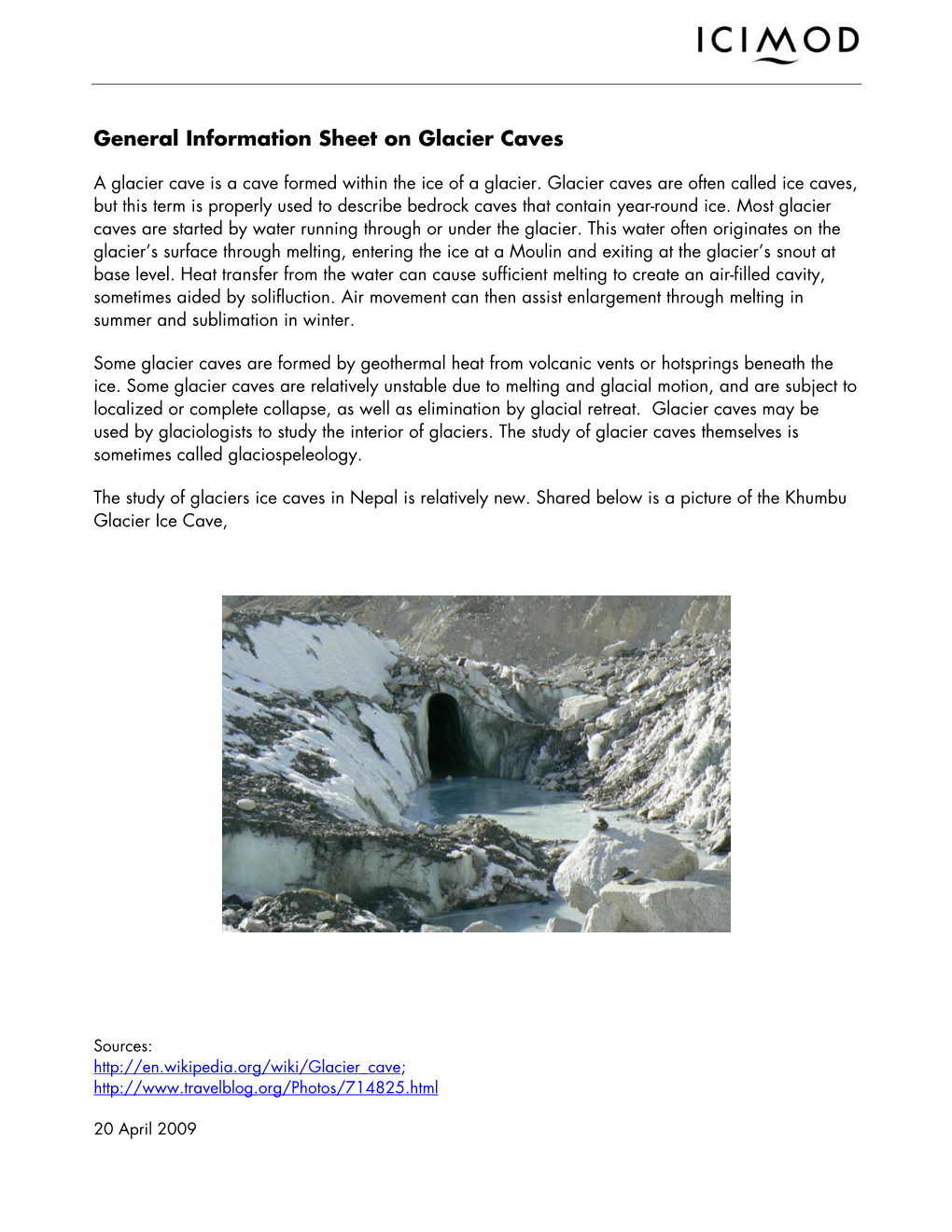 General Information Sheet on Glacier Caves